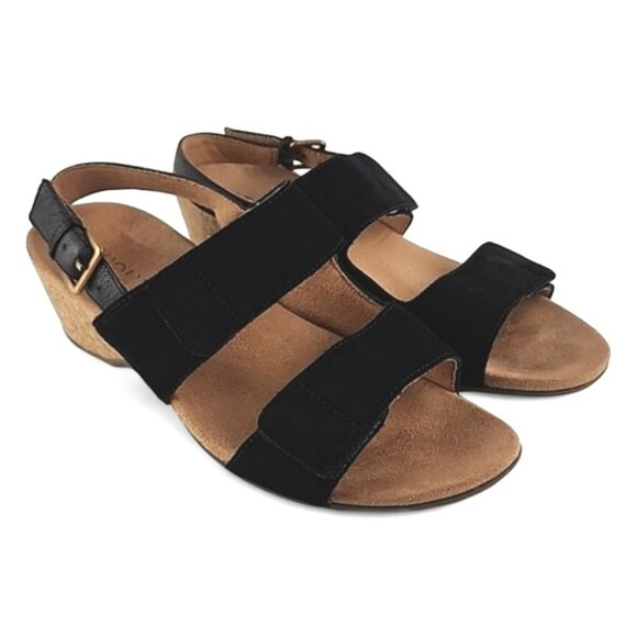 Vionic Marian Black Suede Slingback Strap Sandals Wedge Cork Soles Size 9 - Picture 2 of 16